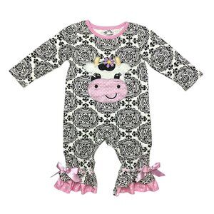 Boutique Cow Appliqué Long Ruffle Romper Black White 6-12 Mons